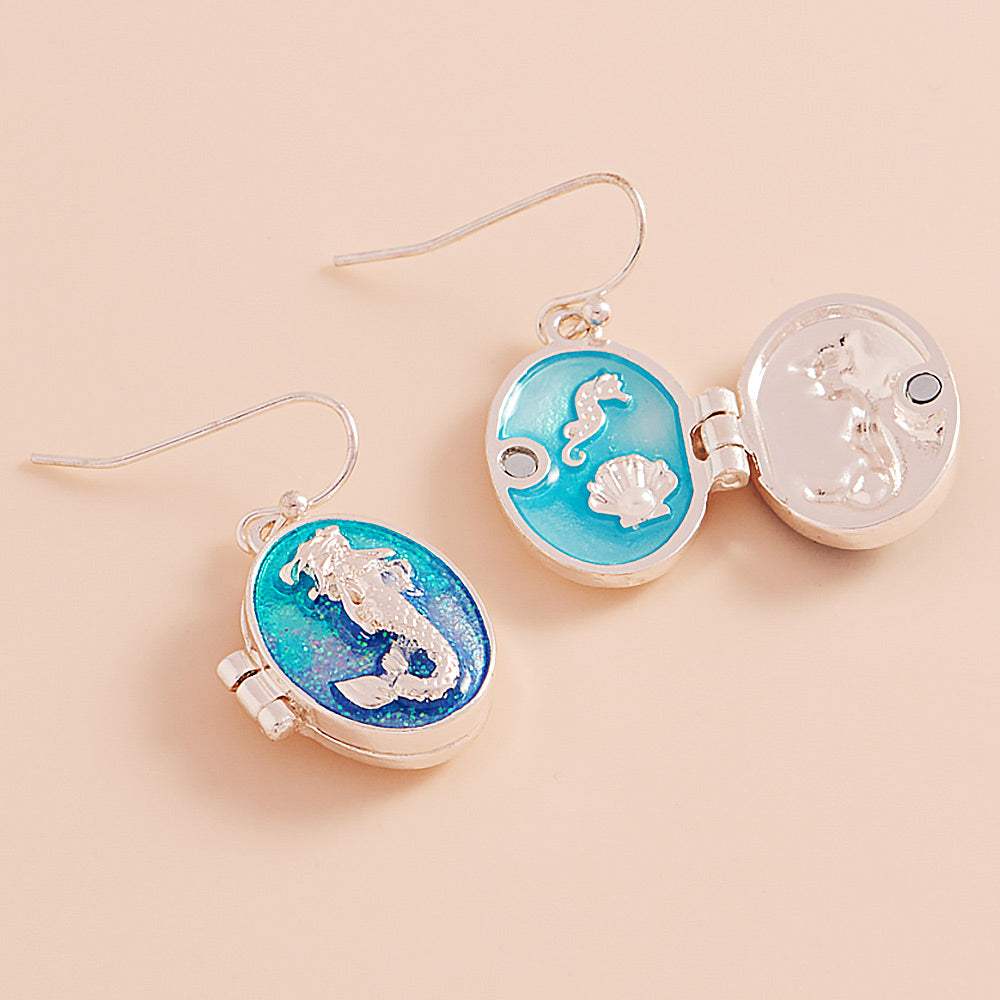 Enamel Oval Mermaid Locket Dangle Earrings - Madeline Love - Flyclothing LLC