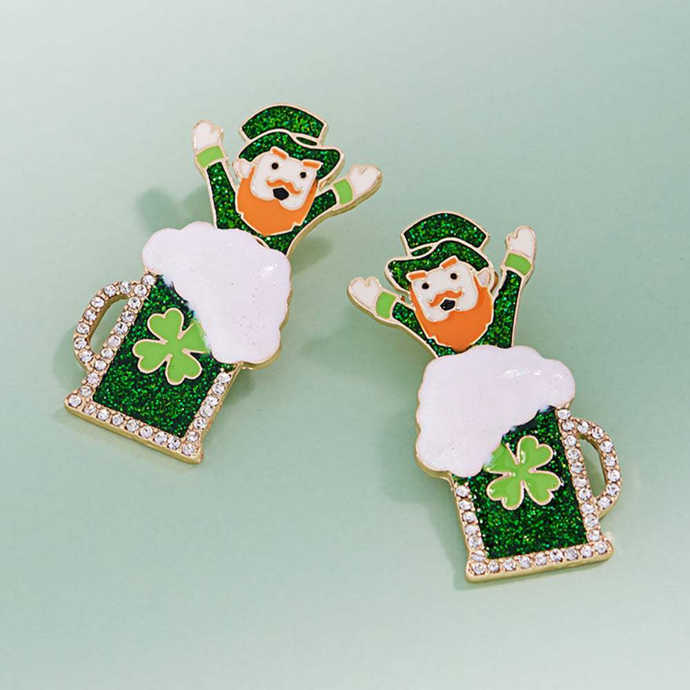 Rhinestone Rim Leprechaun Beer Mug Earrings - Madeline Love - Flyclothing LLC
