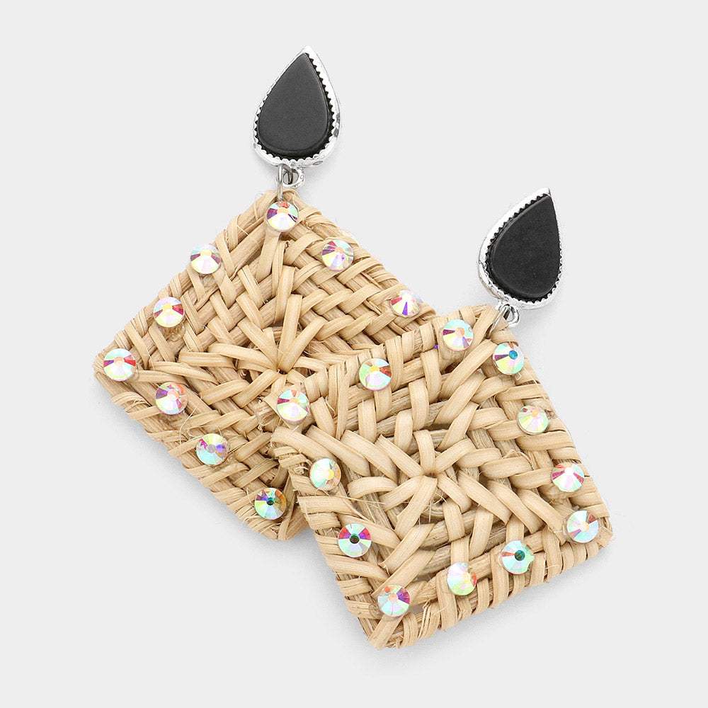 Teardrop Natural Stone Studded Woven Wood Square Link Dangle Earrings - Madeline Love - Flyclothing LLC