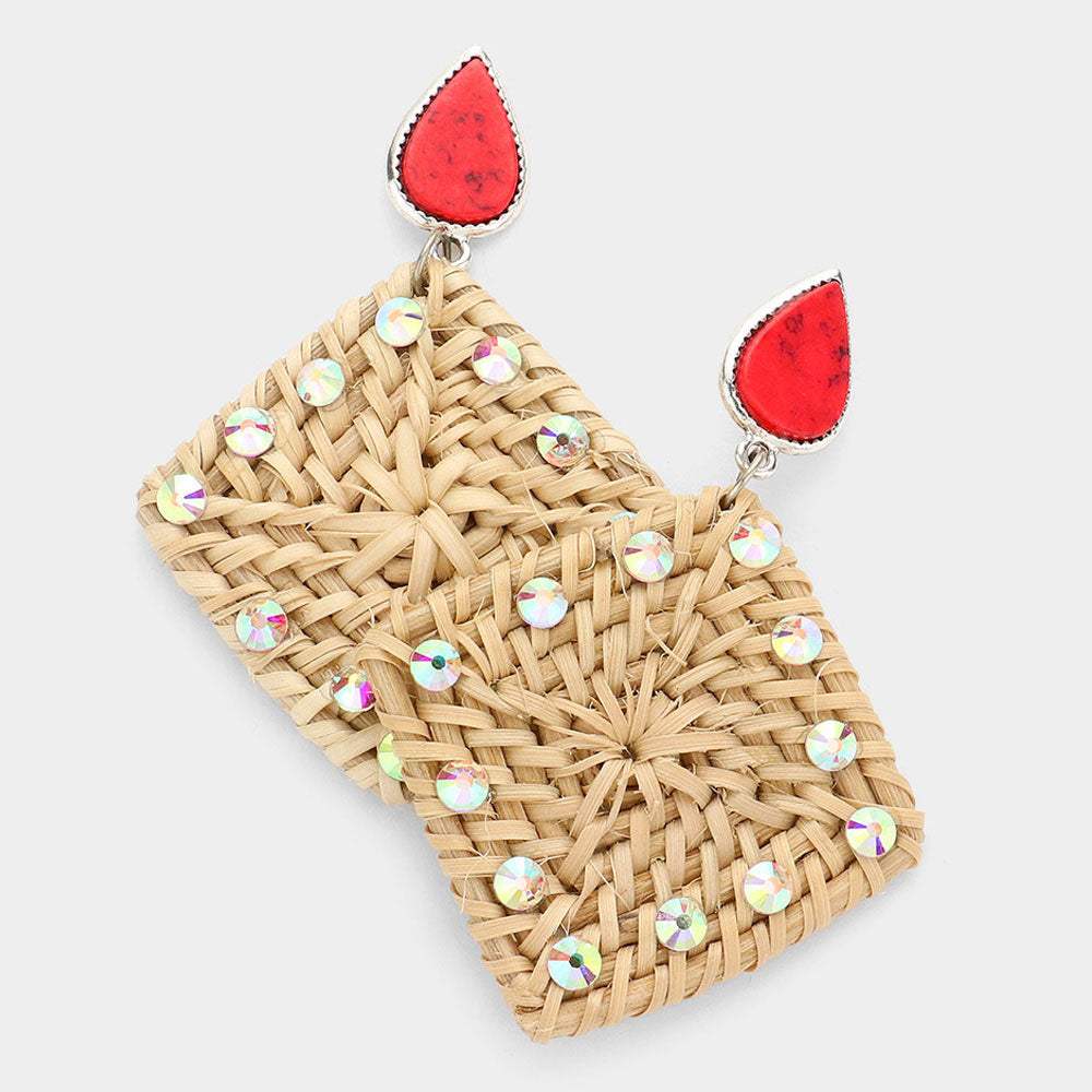 Teardrop Natural Stone Studded Woven Wood Square Link Dangle Earrings - Madeline Love - Flyclothing LLC