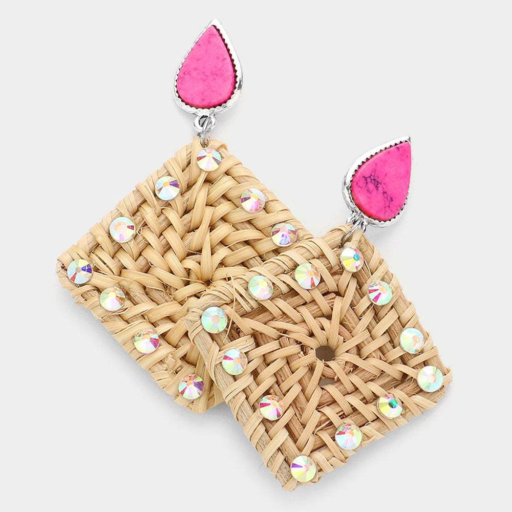 Teardrop Natural Stone Studded Woven Wood Square Link Dangle Earrings - Madeline Love - Flyclothing LLC