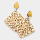 Teardrop Natural Stone Studded Woven Wood Square Link Dangle Earrings - Madeline Love - Flyclothing LLC