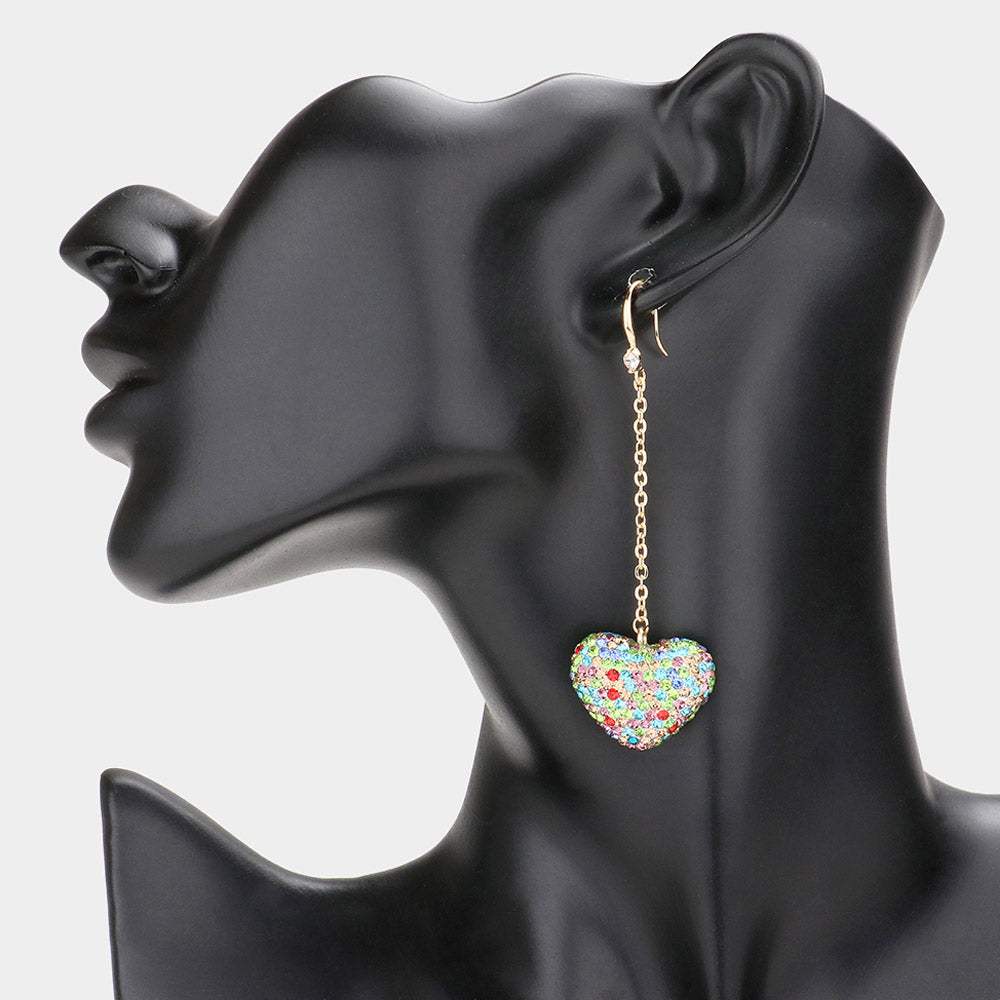 Dropped Rhinestone Pave Heart Dangle Earrings - Madeline Love - Flyclothing LLC