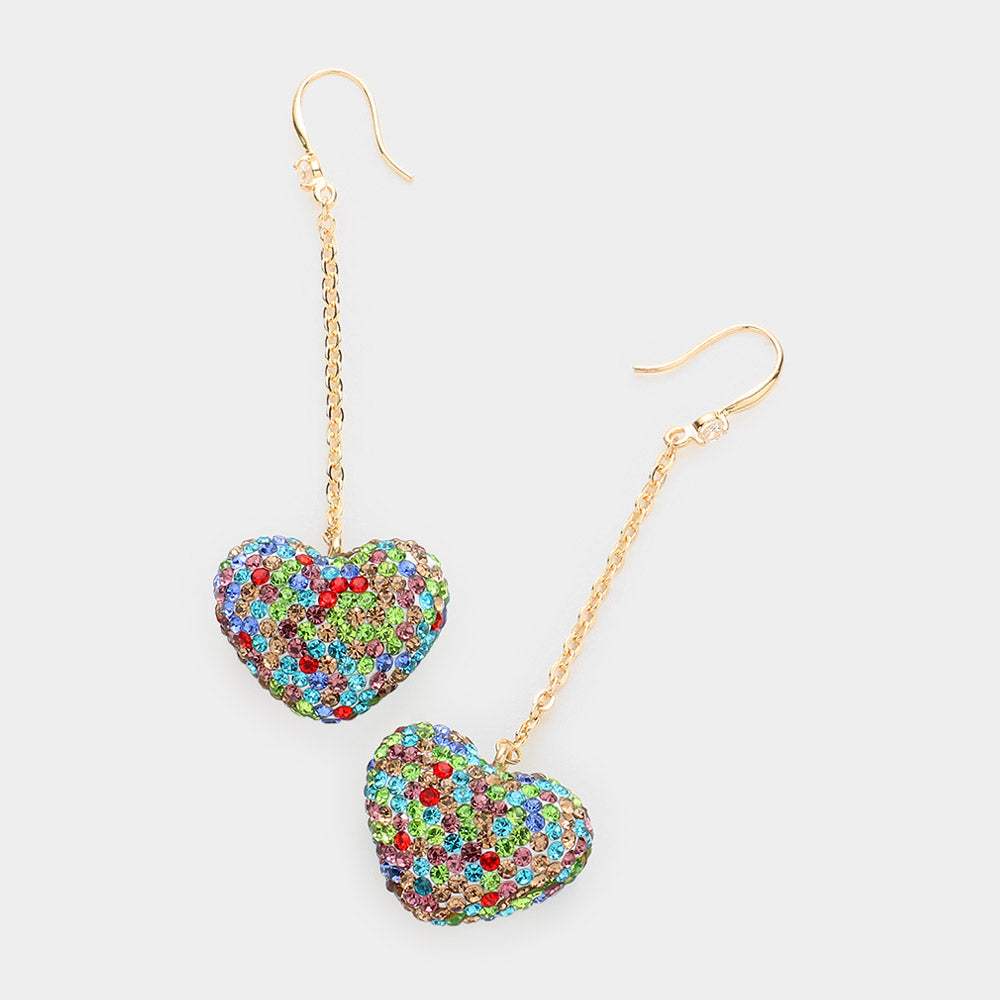 Dropped Rhinestone Pave Heart Dangle Earrings - Madeline Love - Flyclothing LLC