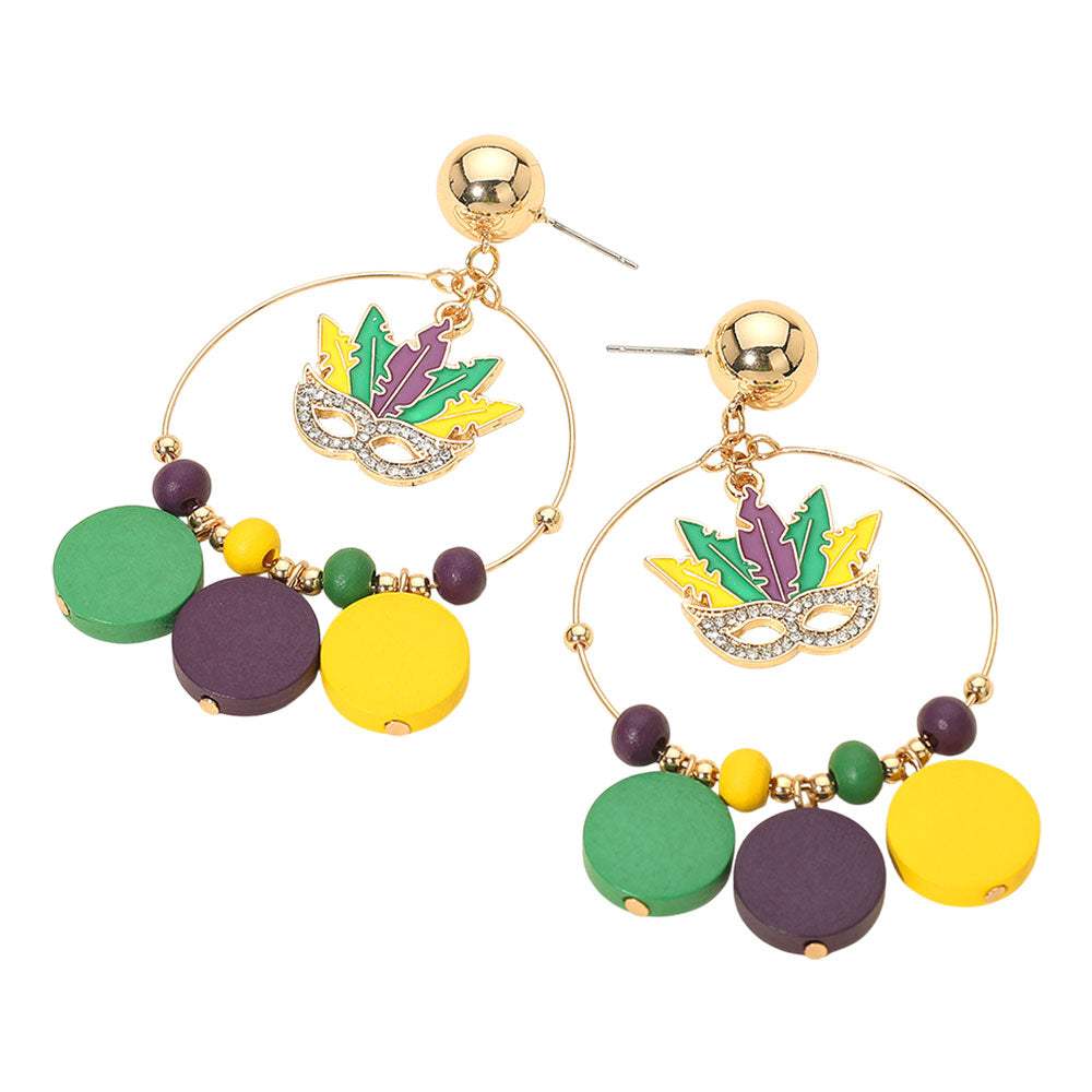 Jester Mask Charm Accent Mardi Gras Hoop Dangle Earrings - Madeline Love - Flyclothing LLC