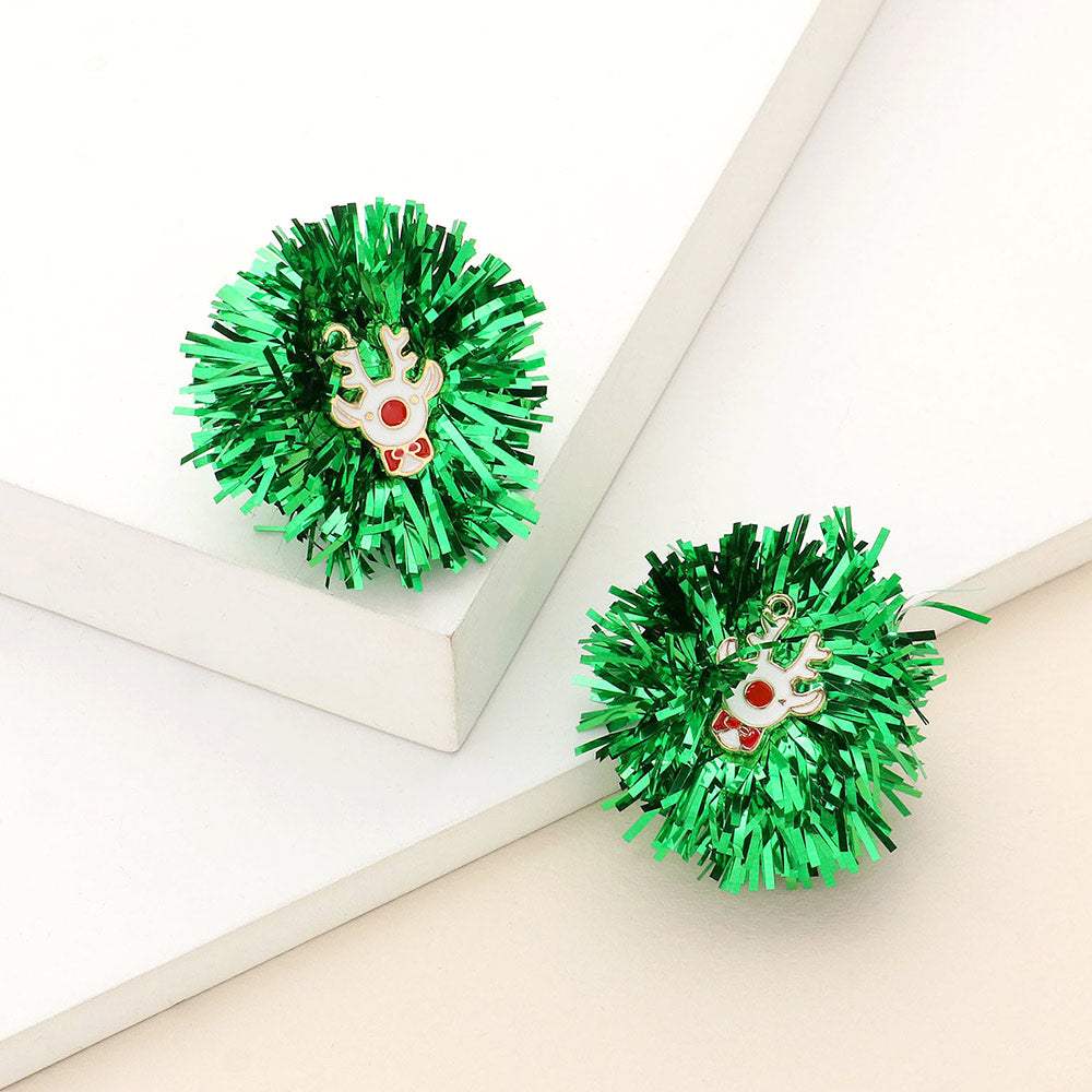 Enamel Rudolph Tinsel Pom Earrings - Madeline Love - Flyclothing LLC