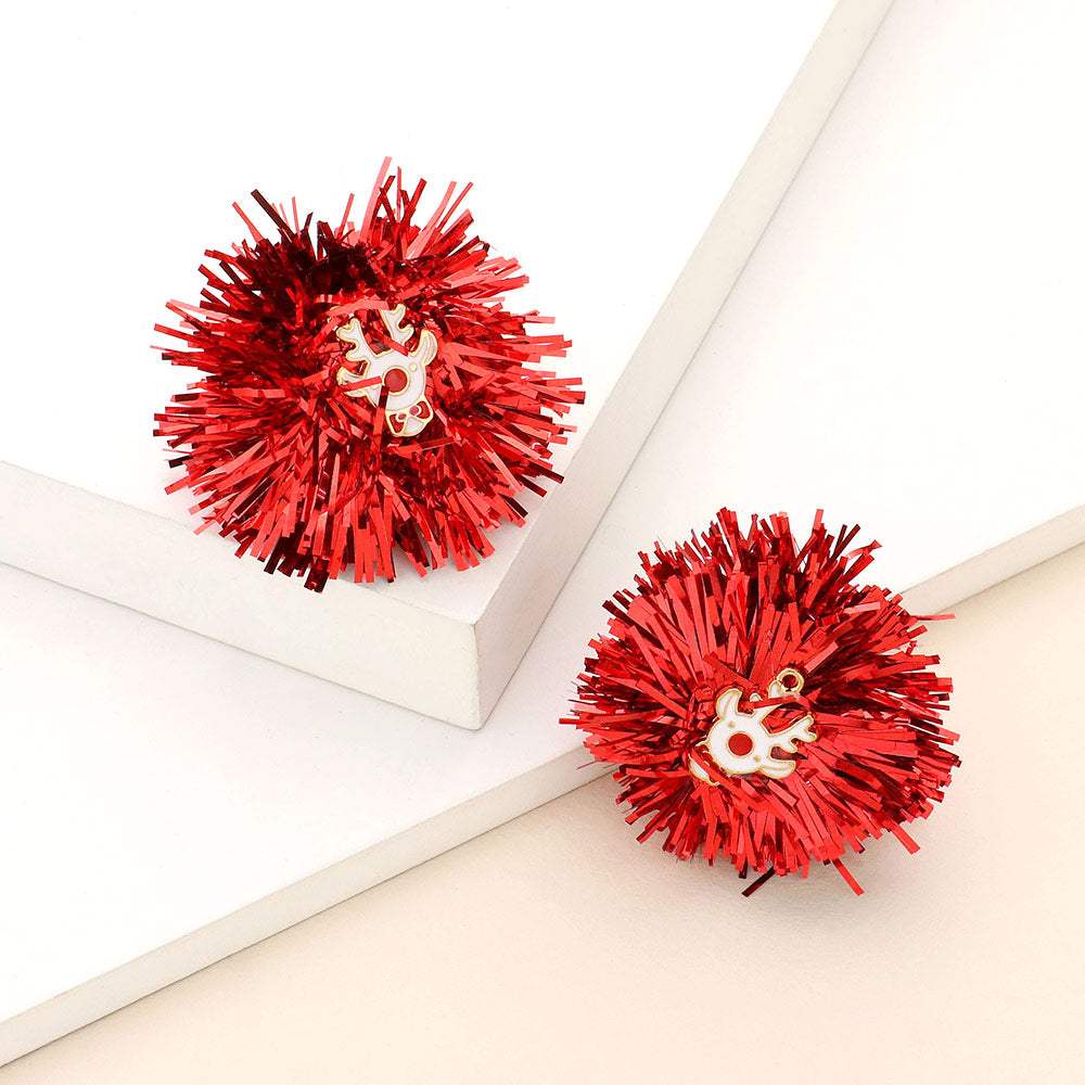 Enamel Rudolph Tinsel Pom Earrings - Madeline Love - Flyclothing LLC