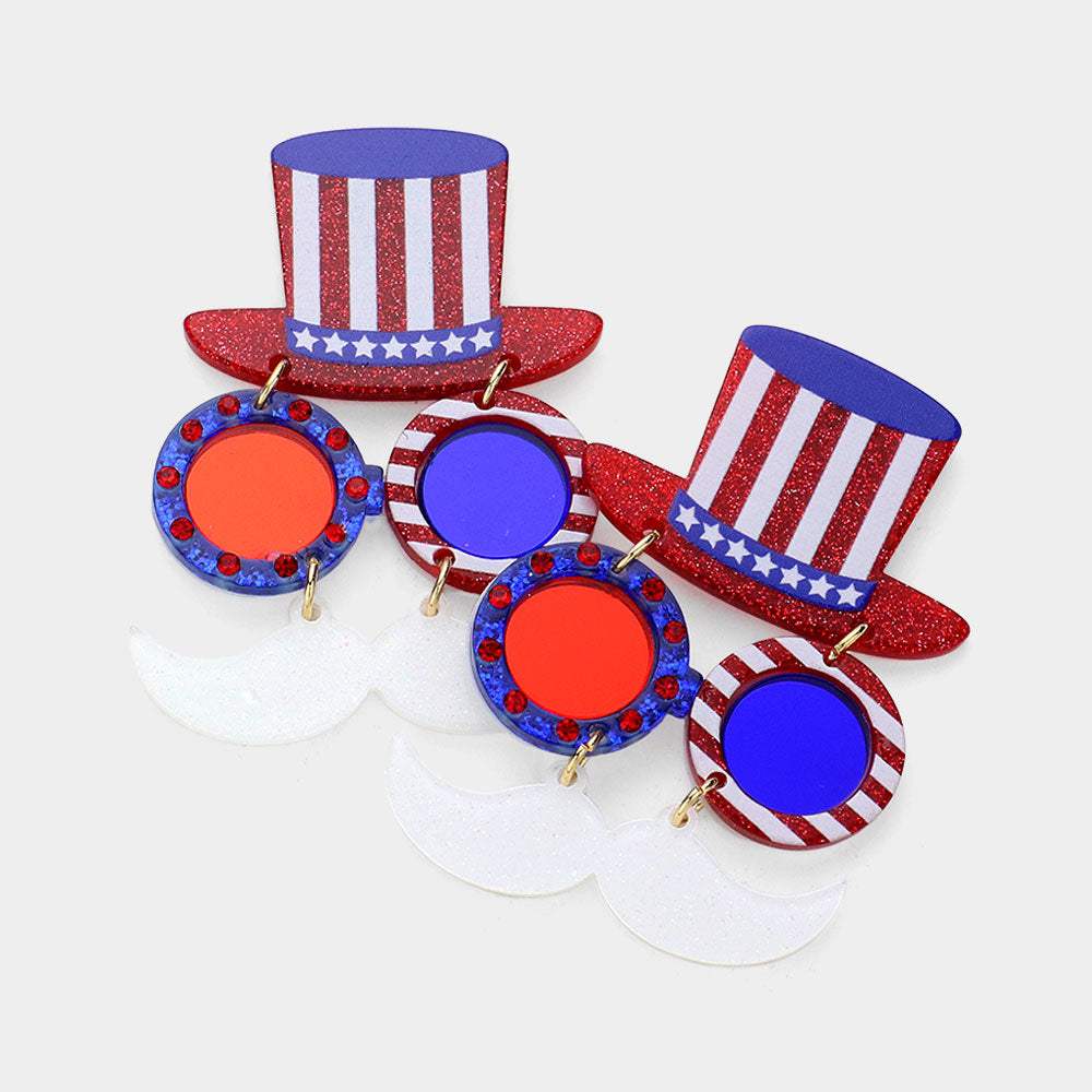 Glittered Resin American USA Flag Hat Sunglasses Dangle Earrings - Madeline Love - Flyclothing LLC