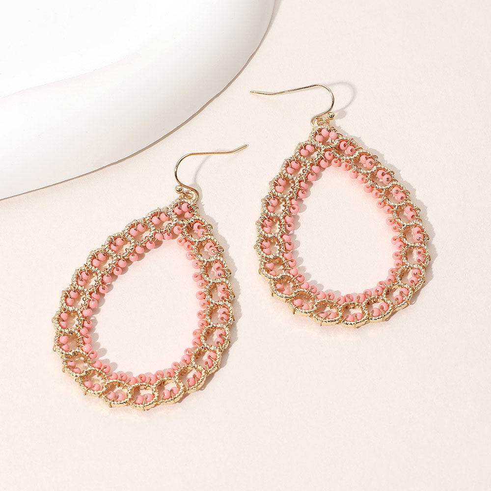 Seed Beaded Wrapped Open Teardrop Dangle Earrings