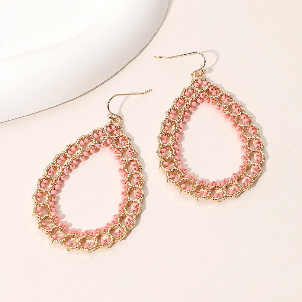 Seed Beaded Wrapped Open Teardrop Dangle Earrings