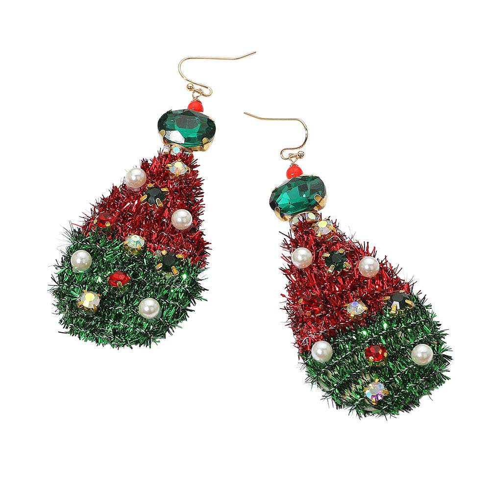 Stone Cluster Pearl Embellished Christmas Tinsel Teardrop Dangle Earrings - Madeline Love - Flyclothing LLC