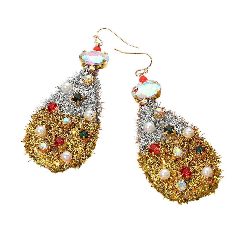 Stone Cluster Pearl Embellished Christmas Tinsel Teardrop Dangle Earrings - Madeline Love - Flyclothing LLC
