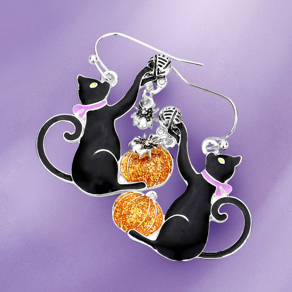 Enamel Halloween Cat Dangle Earrings