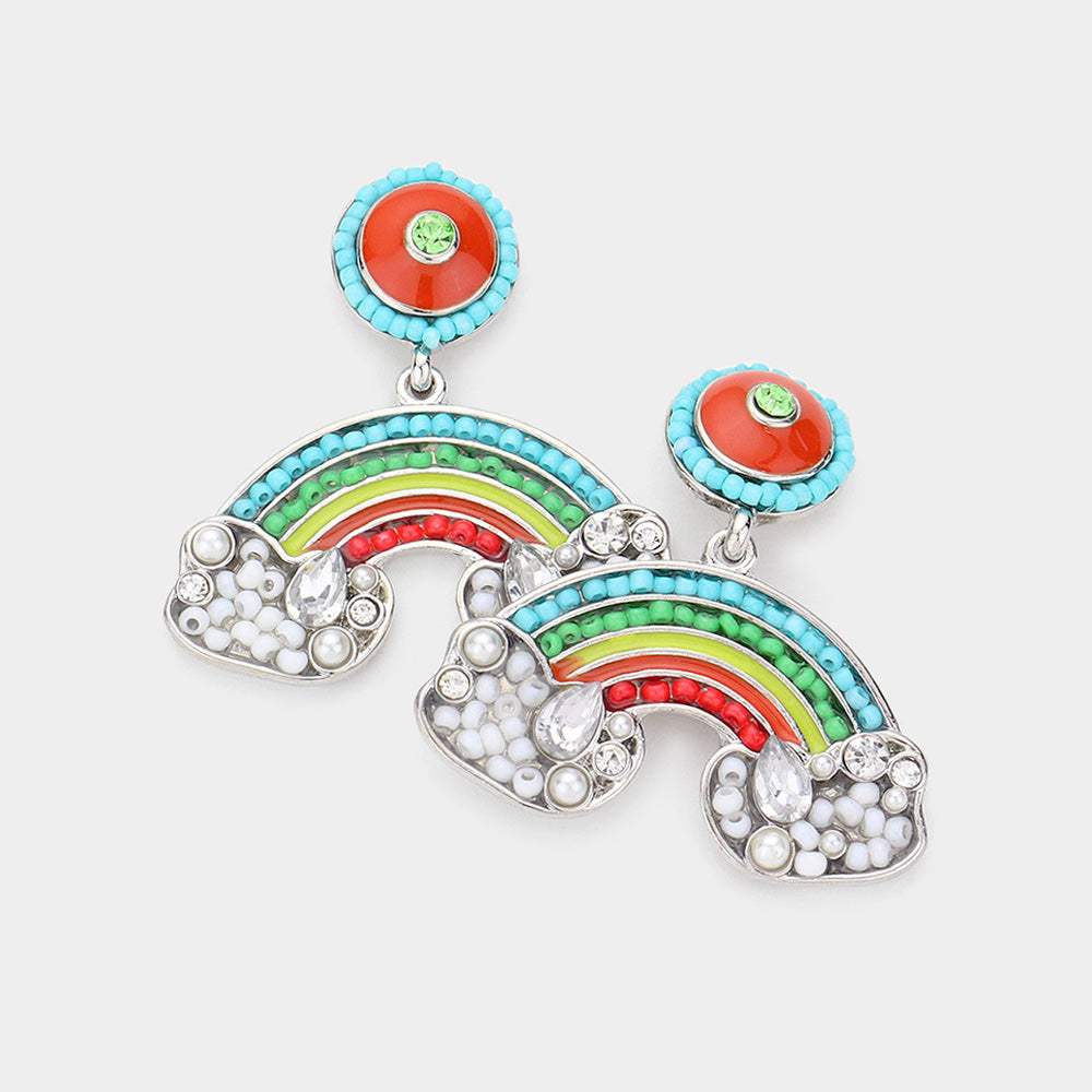 Pearl Seed Bead Embellished Rainbow Dangle Earrings - Madeline Love - Flyclothing LLC
