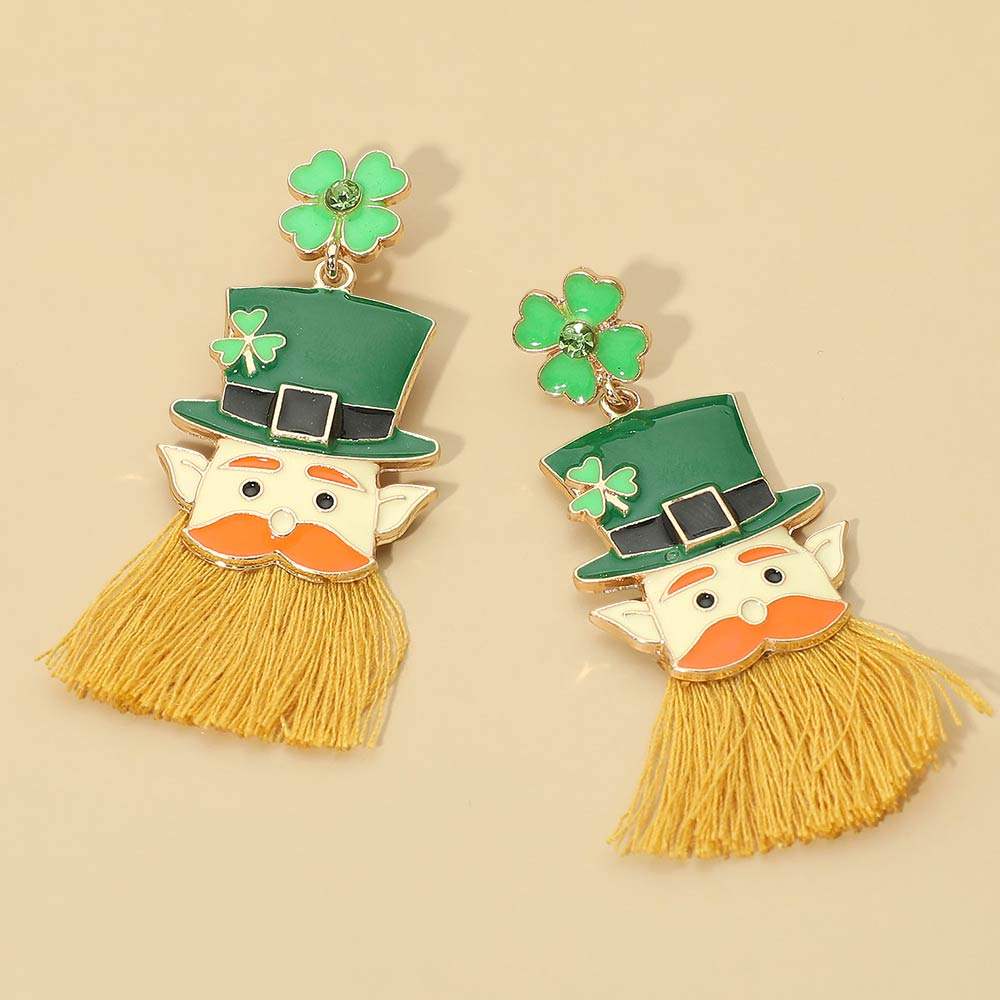 St Patricks Shamrock Clover Leprechaun Tassel Drop Earrings - Madeline Love - Flyclothing LLC