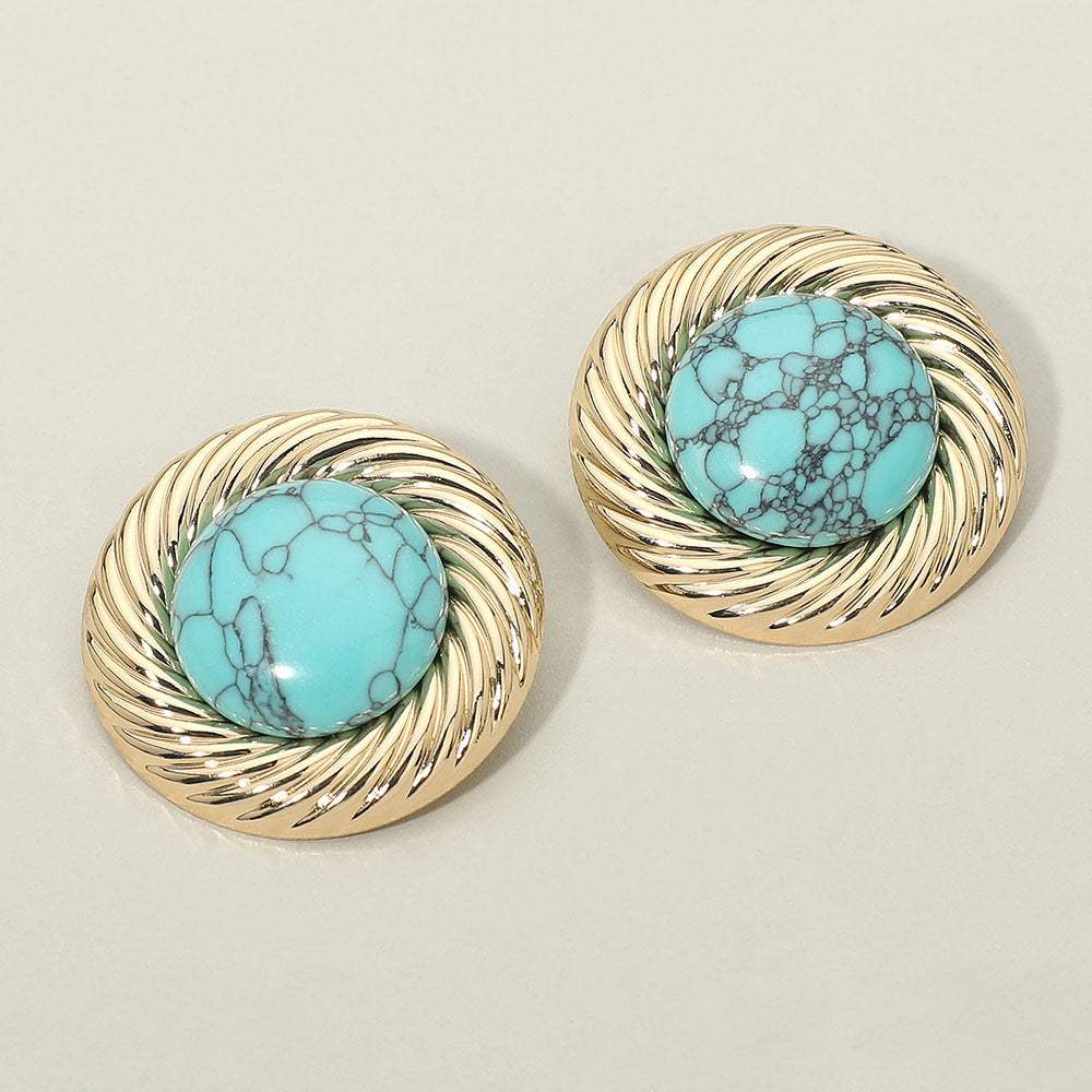 Bold Turquoise Stone Center Metal Swirl Rim Statement Earrings - Madeline Love - Flyclothing LLC