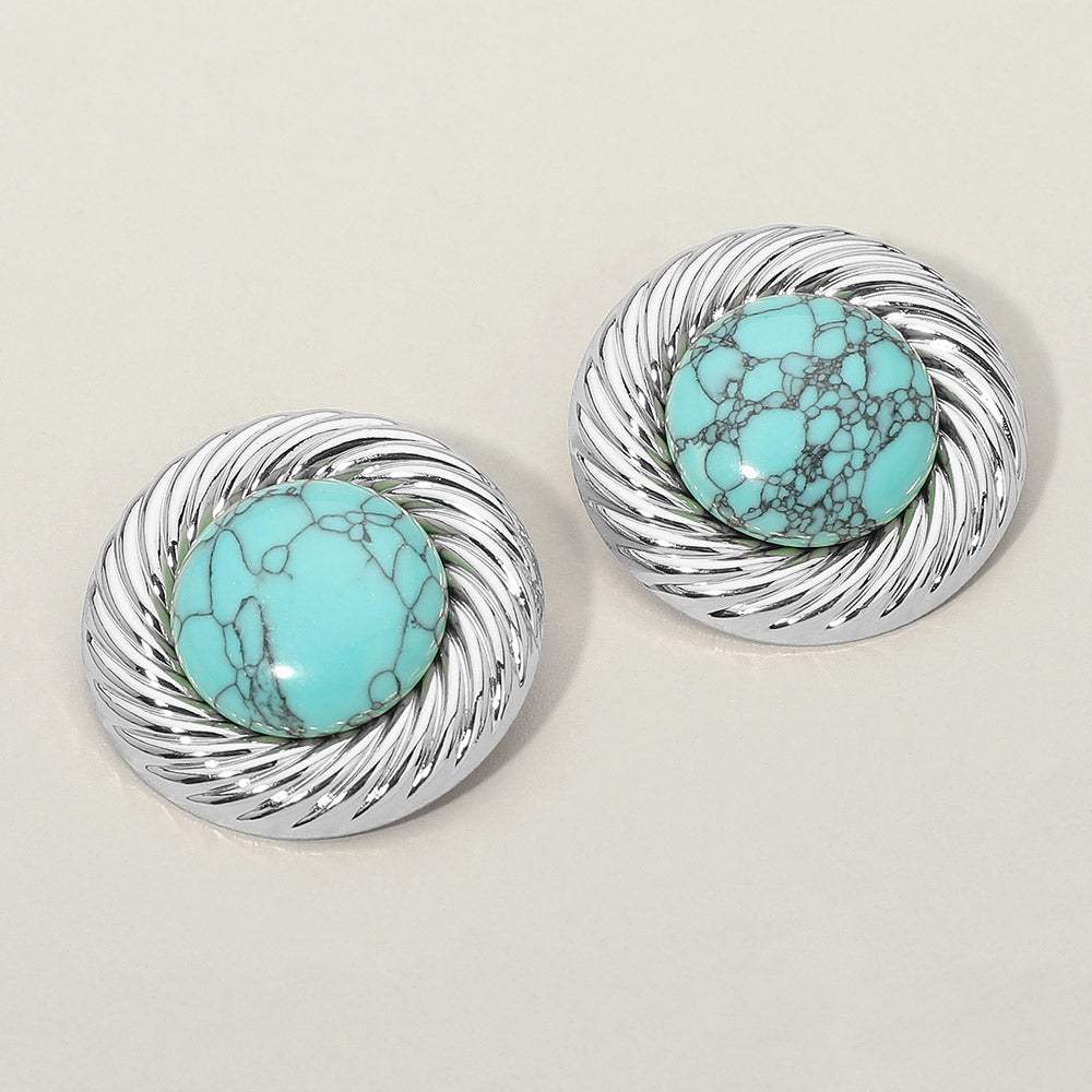 Bold Turquoise Stone Center Metal Swirl Rim Statement Earrings - Madeline Love - Flyclothing LLC