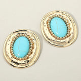 Bold Western Oval Turquoise Stone Center Beaded Frame Statement Earrings - Madeline Love - Flyclothing LLC