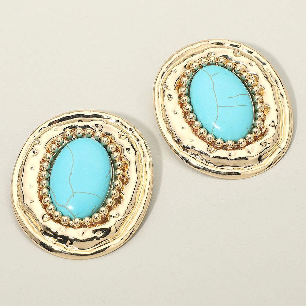 Bold Western Oval Turquoise Stone Center Beaded Frame Statement Earrings - Madeline Love - Flyclothing LLC