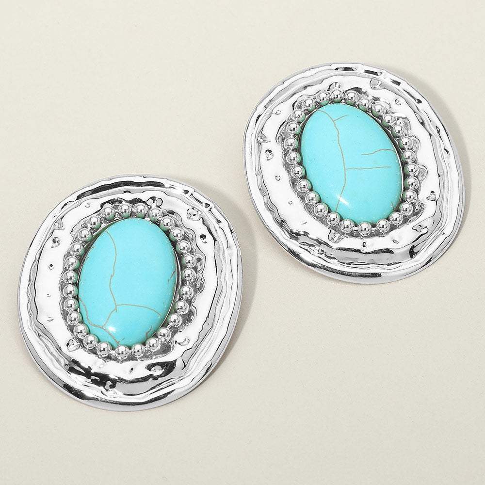 Bold Western Oval Turquoise Stone Center Beaded Frame Statement Earrings - Madeline Love - Flyclothing LLC