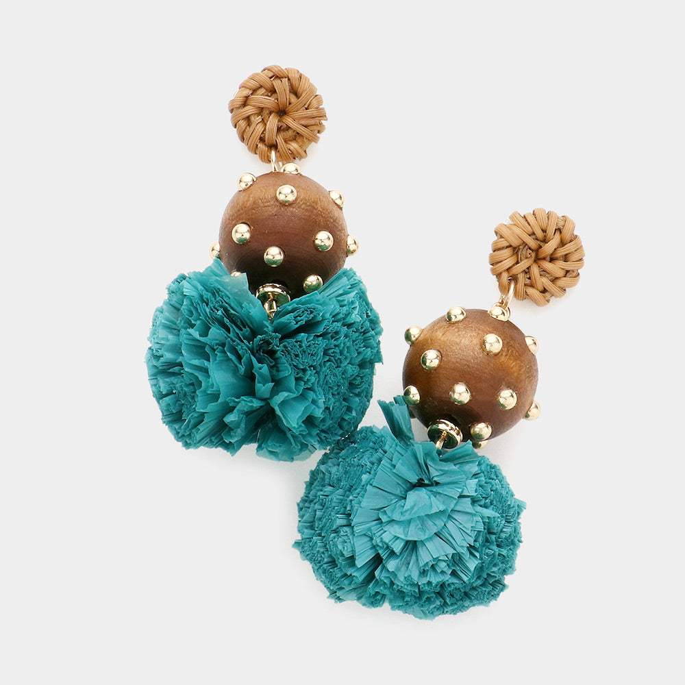 Wood Raffia Ball Dangle Earrings - Madeline Love - Flyclothing LLC
