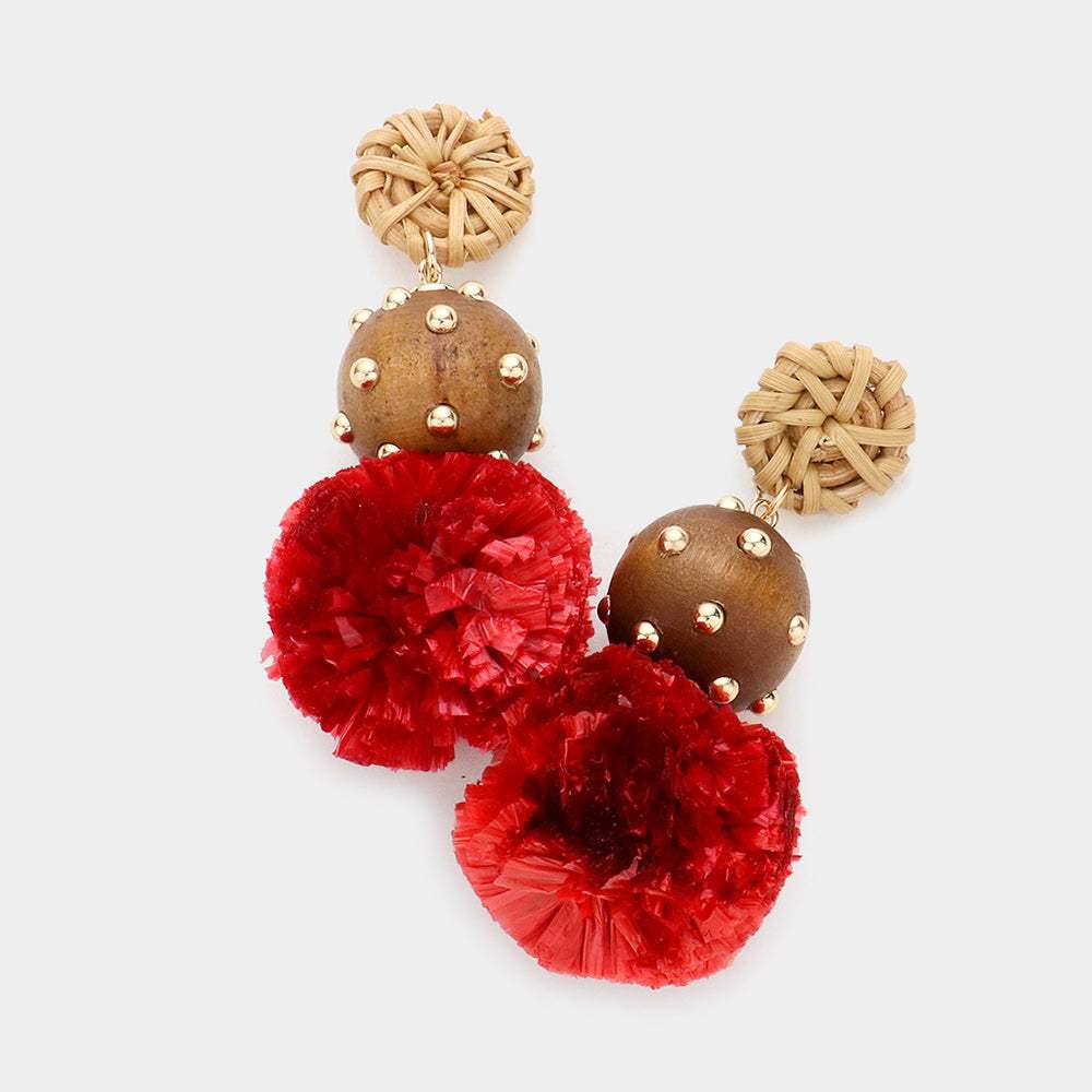 Wood Raffia Ball Dangle Earrings - Madeline Love - Flyclothing LLC