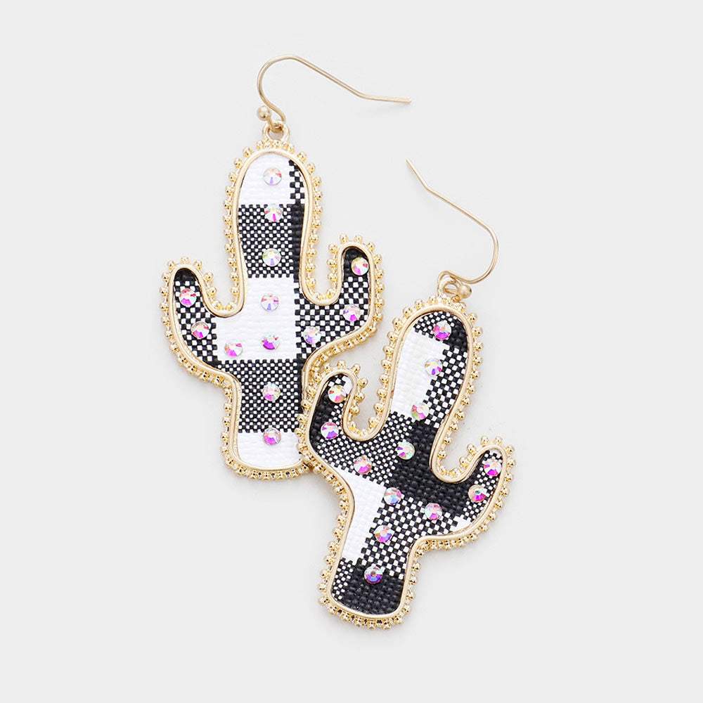 Buffalo Check Plaid Pattern Rhinestone Cactus Earrings - Madeline Love - Flyclothing LLC