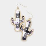 Buffalo Check Plaid Pattern Rhinestone Cactus Earrings - Madeline Love - Flyclothing LLC