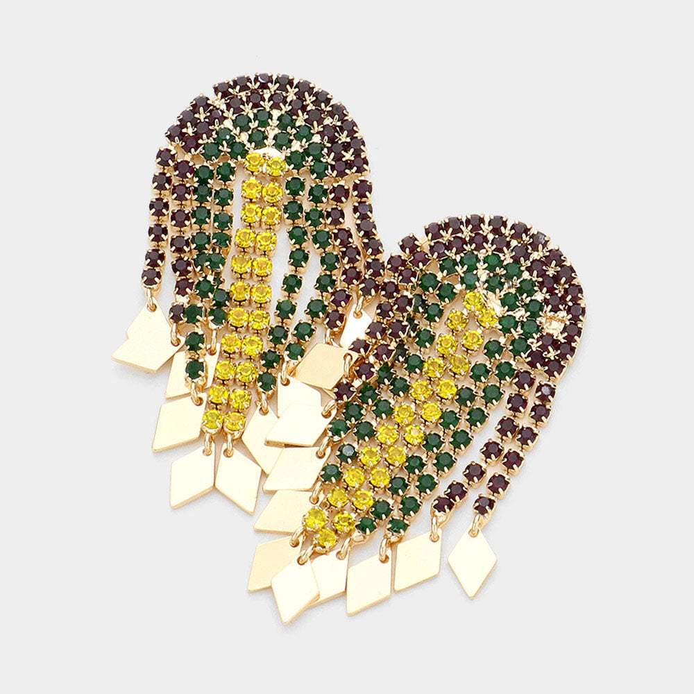 Mardi Gras Metal Rhombus Tip Rhinestone Half Moon Fringe Earrings - Madeline Love - Flyclothing LLC