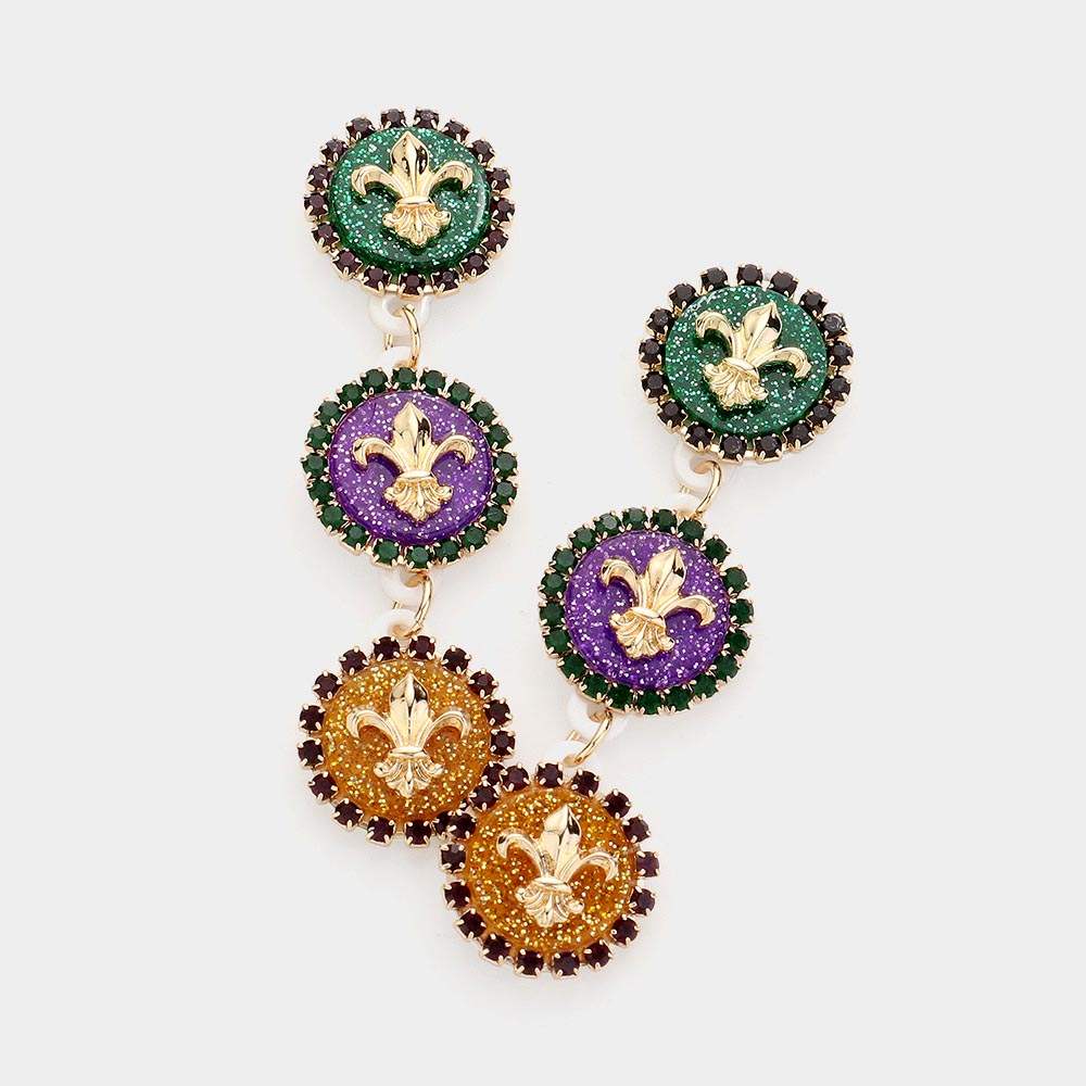 Stone Embellished Fleur de Lis Disc Link Dropdown Earrings - Madeline Love - Flyclothing LLC