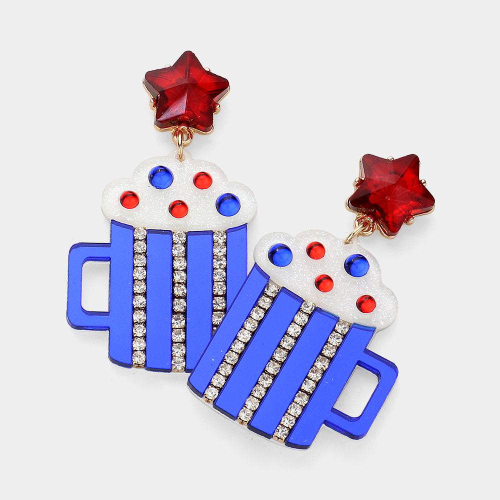 Glittered Resin American USA Flag Beer Pint Glass Dangle Earrings - Madeline Love - Flyclothing LLC