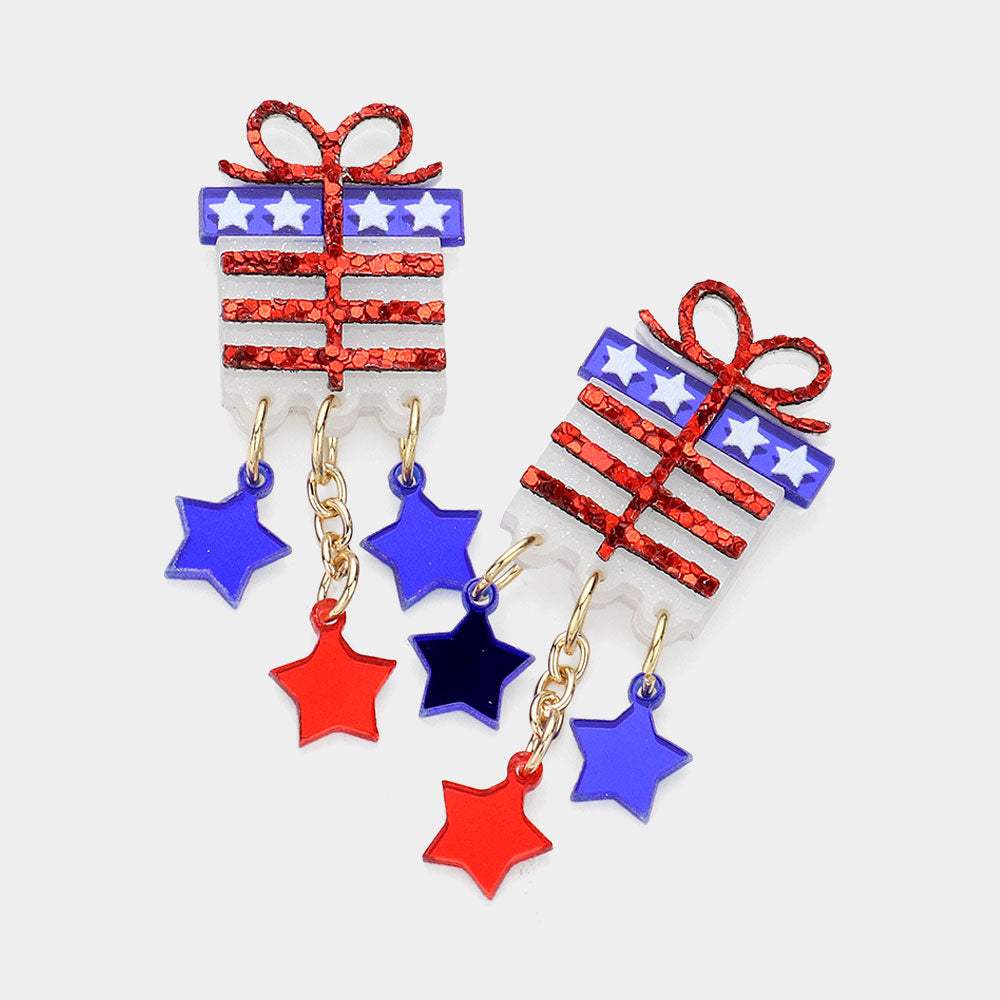 Glittered Resin American USA Flag Gift Box Dangle Earrings - Madeline Love - Flyclothing LLC