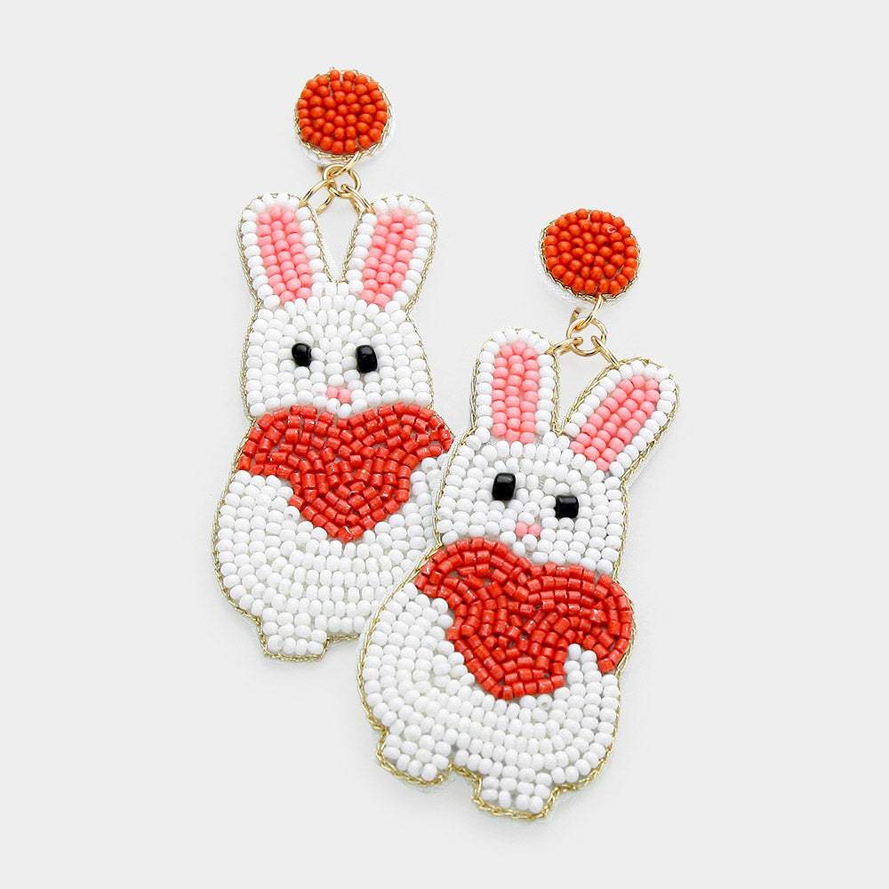 Felt Back Seed Beaded Bunny Heart Dangle Earrings - Madeline Love - Flyclothing LLC