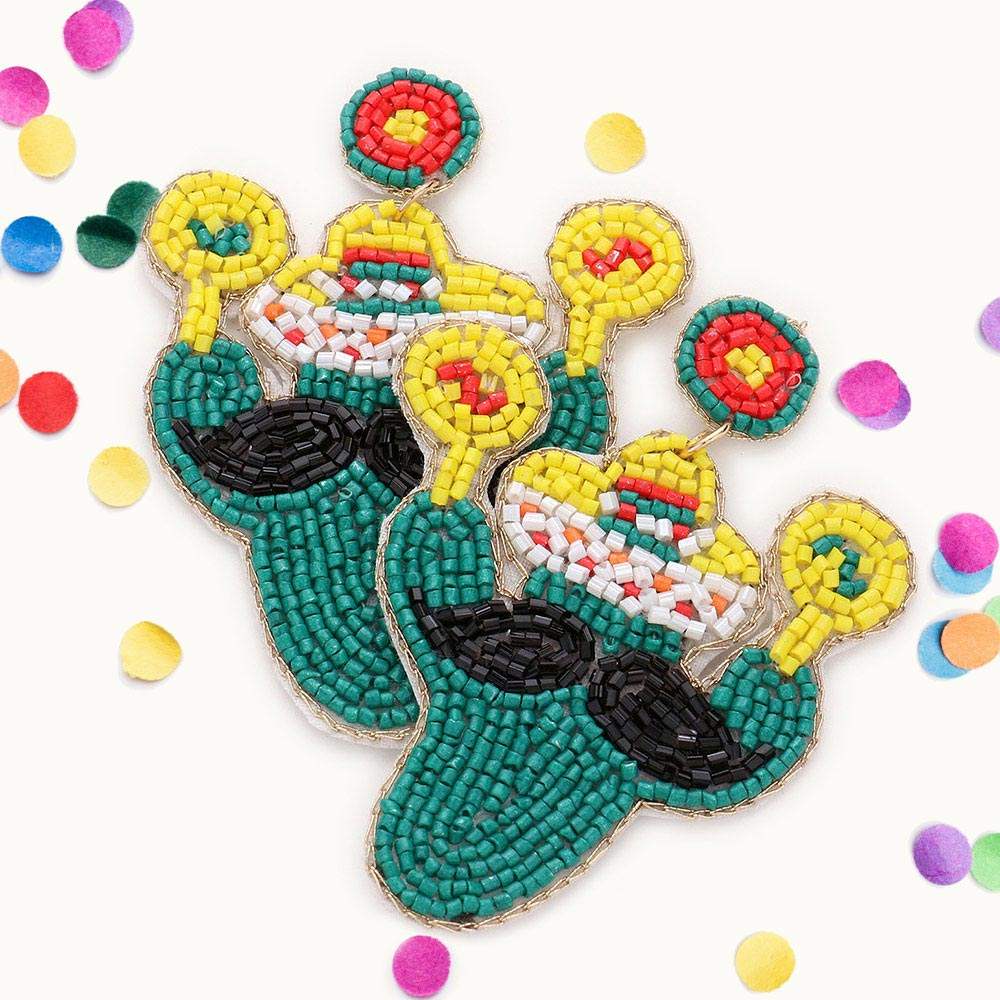 Felt Back Beaded Hat Mustache Cactus Dangle Earrings - Madeline Love - Flyclothing LLC
