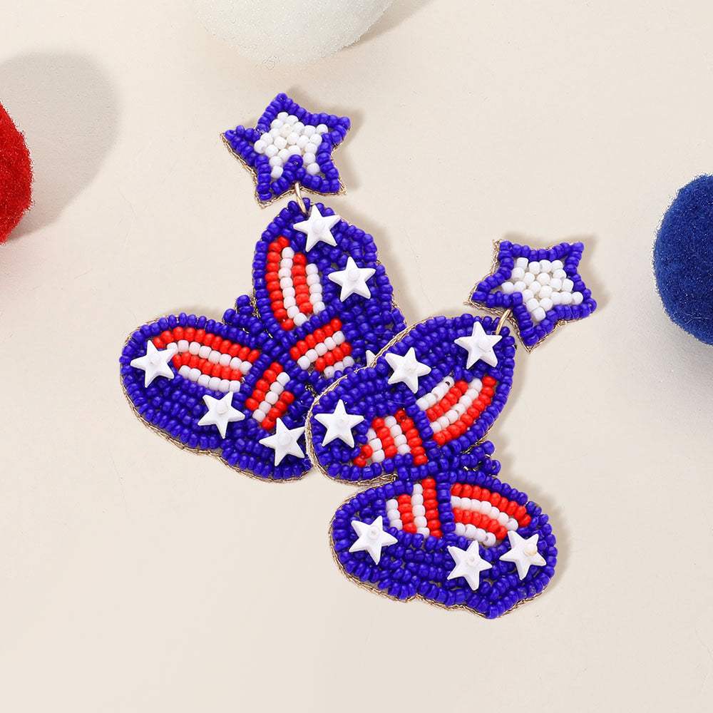 Felt Back American USA Flag Seed Beaded Star Butterfly Link Dangle Earrings - Madeline Love - Flyclothing LLC