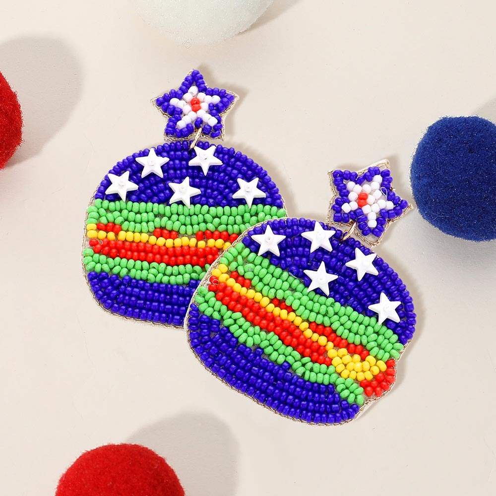 Felt Back American USA Flag Seed Beaded Star Hamburger Link Dangle Earrings - Madeline Love - Flyclothing LLC