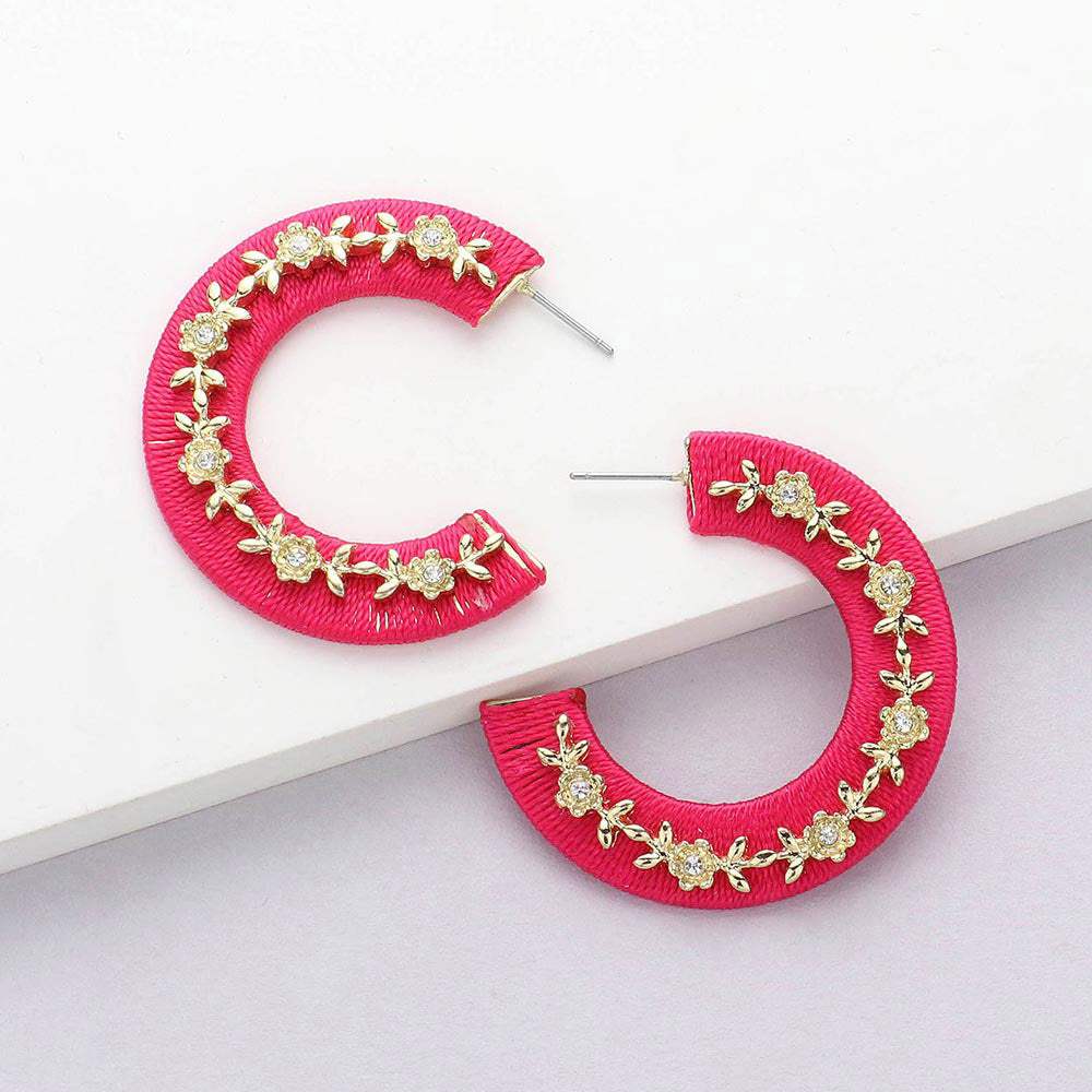Thread Wrapped Rhinestone Flower Embellished Hoop Earrings - Madeline Love - Flyclothing LLC