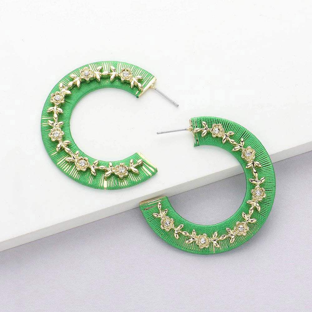 Thread Wrapped Rhinestone Flower Embellished Hoop Earrings - Madeline Love - Flyclothing LLC