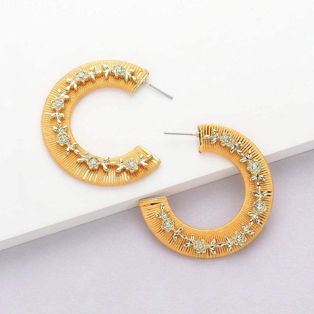 Thread Wrapped Rhinestone Flower Embellished Hoop Earrings - Madeline Love - Flyclothing LLC