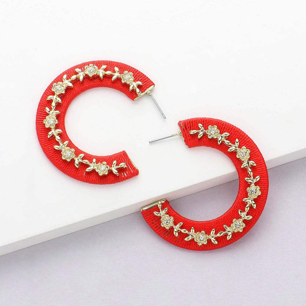 Thread Wrapped Rhinestone Flower Embellished Hoop Earrings - Madeline Love - Flyclothing LLC