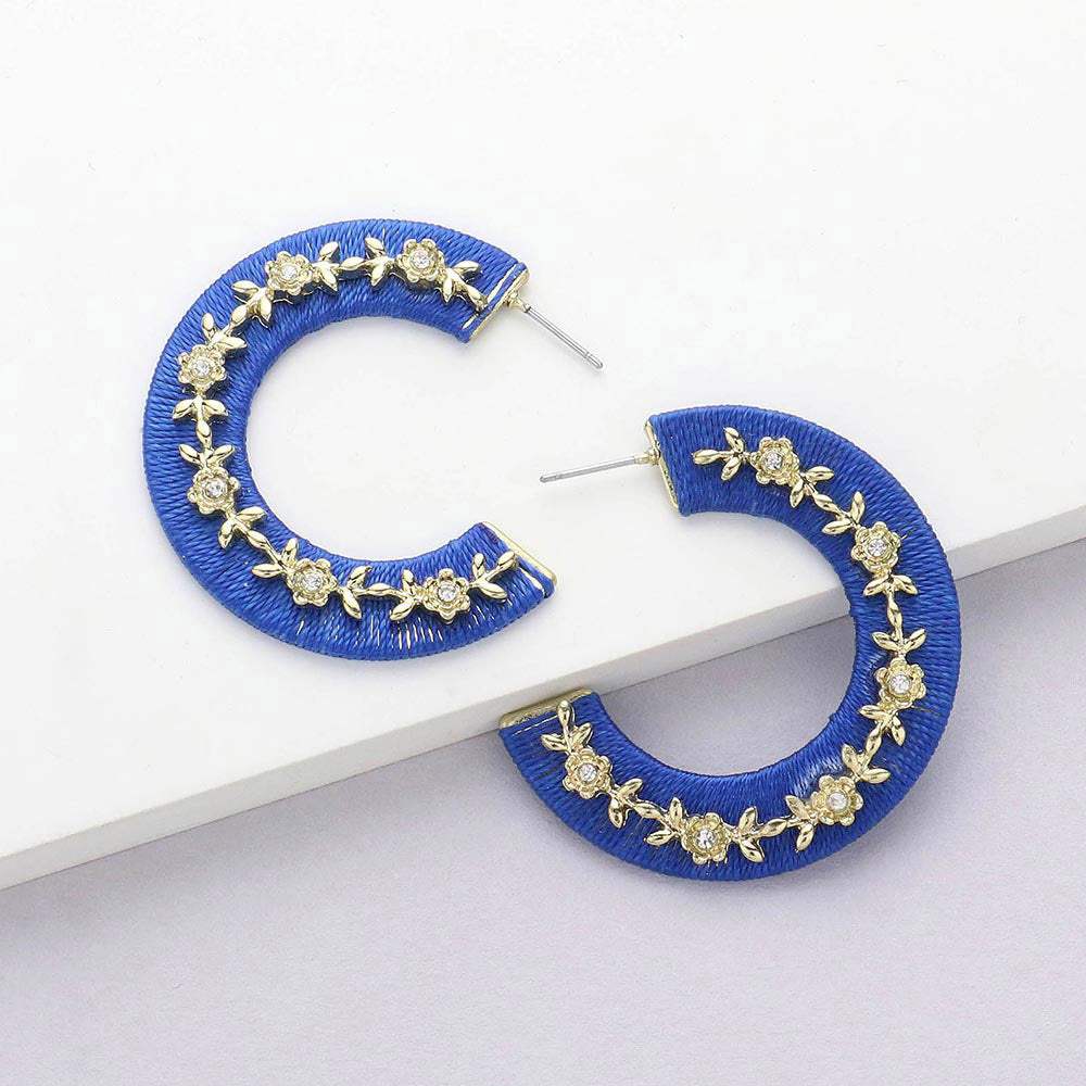 Thread Wrapped Rhinestone Flower Embellished Hoop Earrings - Madeline Love - Flyclothing LLC