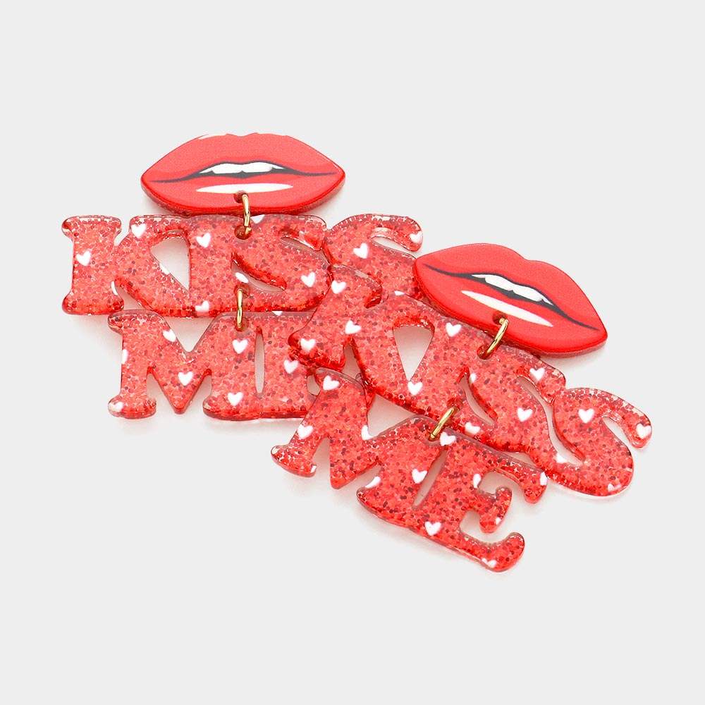 Resin Lips Glittered KISS ME Message Link Dangle Earrings - Madeline Love - Flyclothing LLC