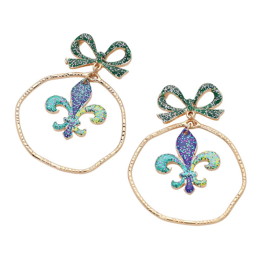 Mardi Gras Fleur De Lis Bow Hoop Drop Dangle Earrings - Madeline Love - Flyclothing LLC