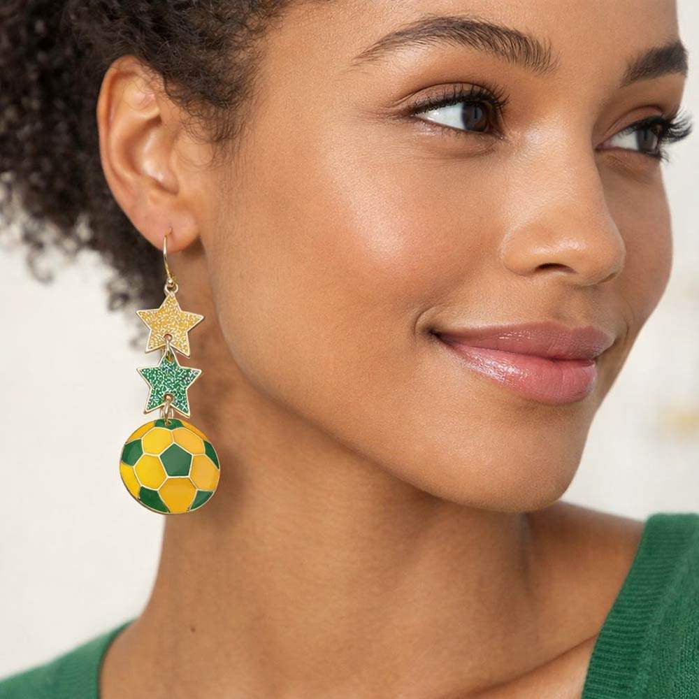 Brazil Glittered Double Star Soccer Ball Drop Earrings - Madeline Love - Flyclothing LLC