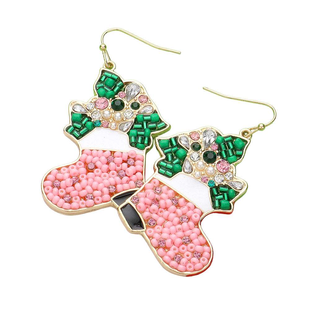Pearl Stone Seed Beads Embellished Christmas Boots Dangle Earrings - Madeline Love - Flyclothing LLC