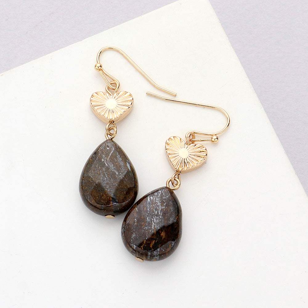 Metal Heart Teardrop Natural Stone Link Dangle Earrings - Madeline Love - Flyclothing LLC