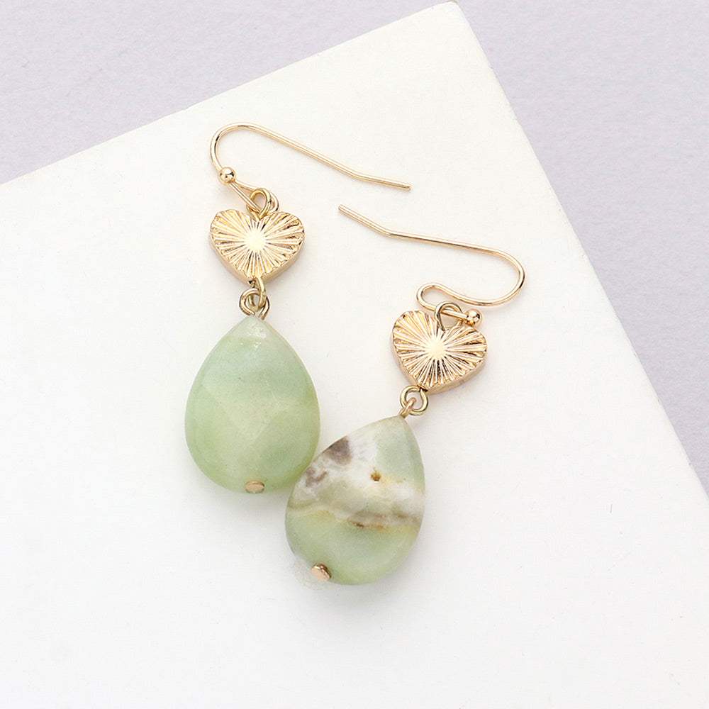 Metal Heart Teardrop Natural Stone Link Dangle Earrings - Madeline Love - Flyclothing LLC