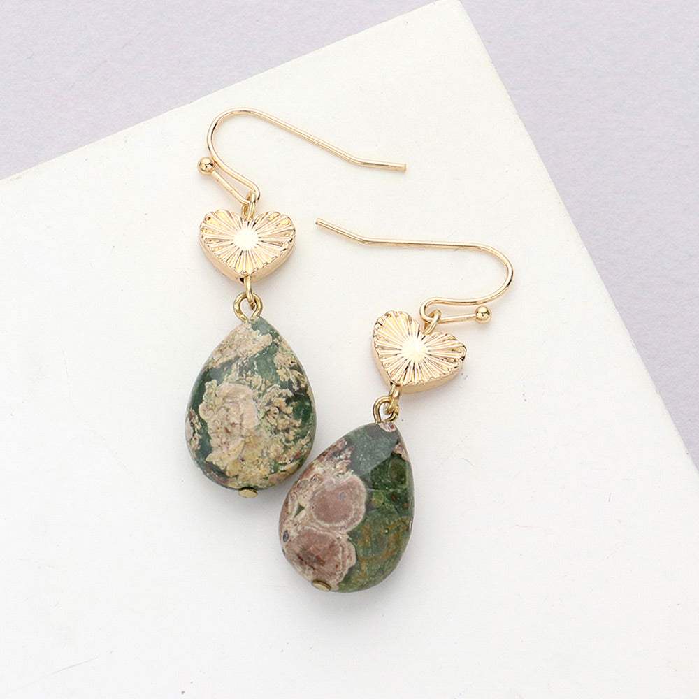 Metal Heart Teardrop Natural Stone Link Dangle Earrings - Madeline Love - Flyclothing LLC