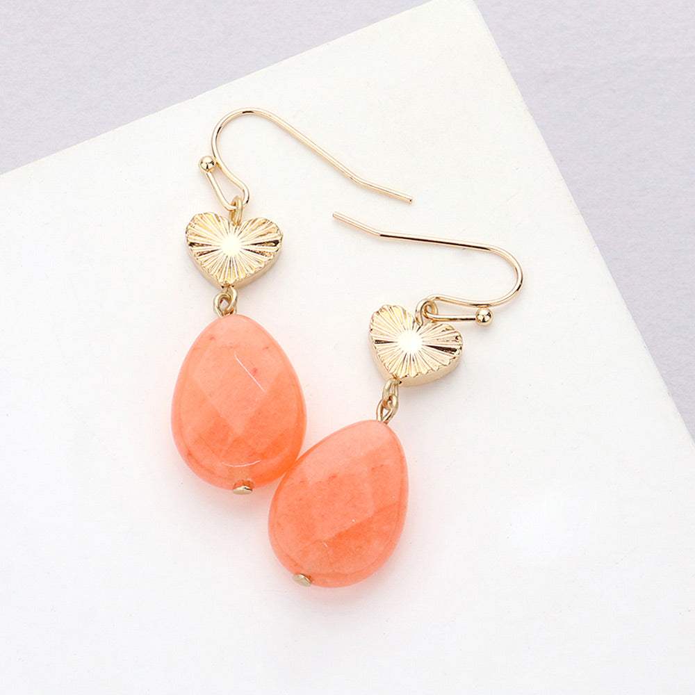 Metal Heart Teardrop Natural Stone Link Dangle Earrings - Madeline Love - Flyclothing LLC