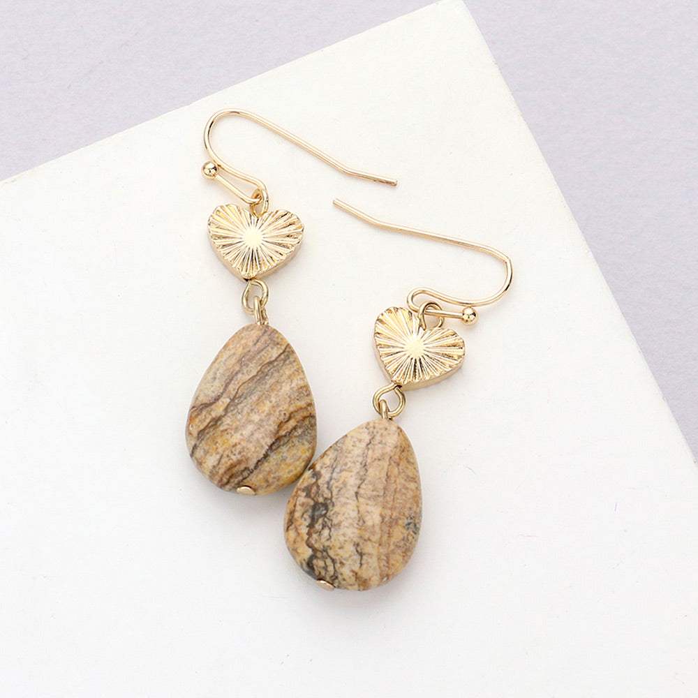 Metal Heart Teardrop Natural Stone Link Dangle Earrings - Madeline Love - Flyclothing LLC